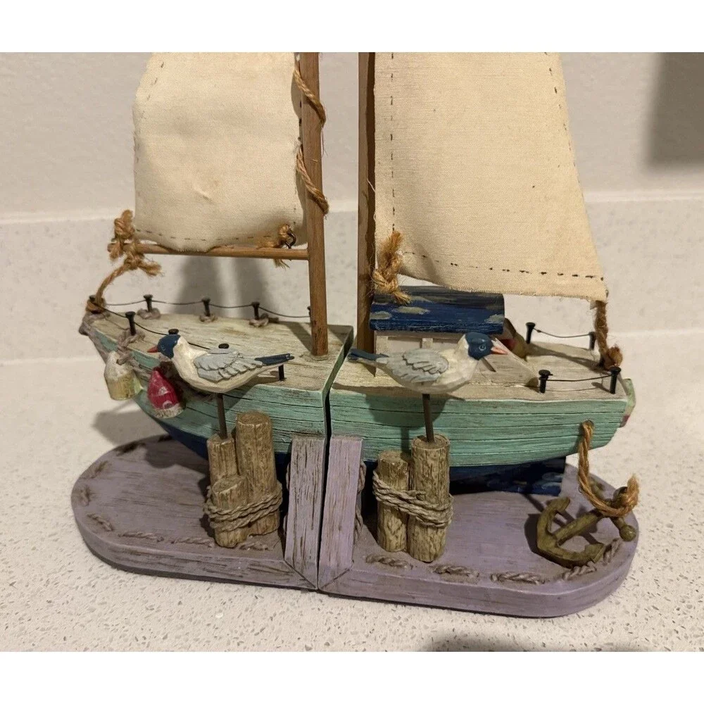 Vintage Sailboat Bookends Docked with Birds